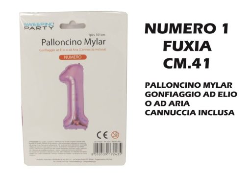 Palloncino Mylar Cm.41 Numero 1 Fuxia-8050539179243