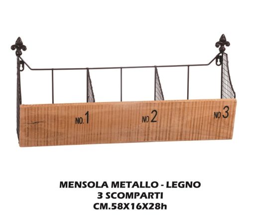 Mensola Legno+Metallo 3 Scomparti Cm.58X16X28H-8021785515666