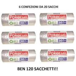 Set 6 Sacchetti per Immondizia Poker Sac Cm.65x54 Lt.20 Umido Indifferenziato Raccolta