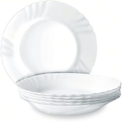 Piatto Piano Ebro Ø24cm Bianco 6pz con Decoro Bordo, Vetro Opale Temperato, per Antipasti, Secondi Piatti, Contorni, Adatto al Microonde