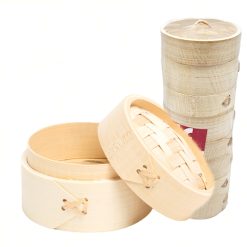 Set 4 Pezzi Vaporiera in Bambù Naturale per Cottura a Vapore Ø10 cm, Perfetta per Ravioli Verdure Riso Pesce Carne - Cestino Cestello per Vapore - Cottura Sana e Senza Grassi