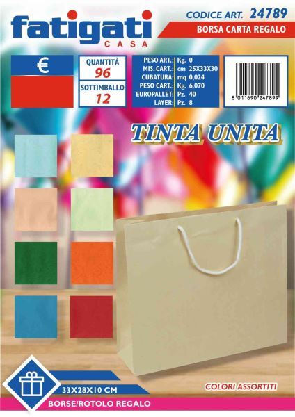 Busta Carta Regalo Cm.33X28X10 Tinta Unita Col. Ass.-8011690247899