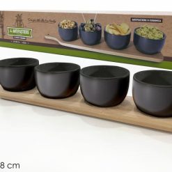 Antipastiere Ceramica Nere Set 4 Pz. Su Base Legno-8015361949617
