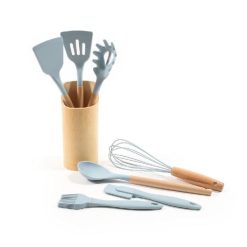 Set 7 Utensili In Silicone Man. Legno Col. Azzurro-8034052701358