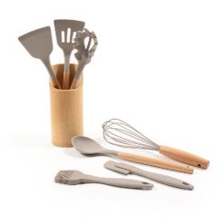 Set 7 Utensili In Silicone Man. Legno Col. Grigio-8034052701365