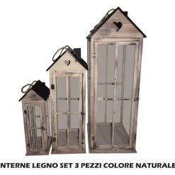 Lanterna Legno Portacandela Set 3 Pz. Naturali-8021785747142