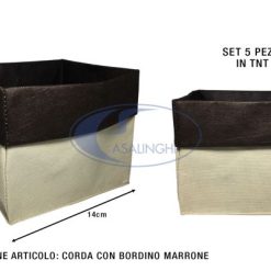 Cestino Tnt Cm.14X14X12H Set 5 Pz. Corda Bordato Marrone-8033757439115
