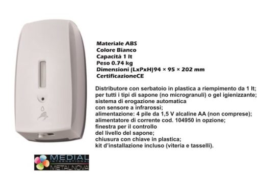 Dispenser Sapone Liquido Autom. Lt.1 Bianco Basica-8033433777494