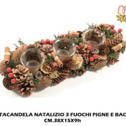 Portacandela Natalizio 3 Posti Pigne E Bacche-8034052617116