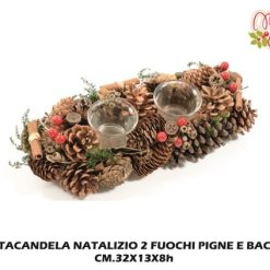 Portacandela Natalizio 2 Posti Pigne E Bacche-8034052617123