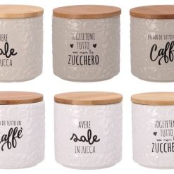 Barattolo Ceramica Cop. Legno Cm.10X10H 3 Dec. 2 Col.