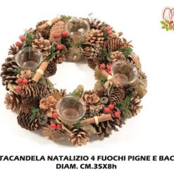 Portacandela Natalizio 4 Posti Pigne E Bacche Cm.35X8H