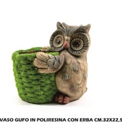 Portavaso Gufo In Poliresina Con Erba Cm.32X22,5X31,5H