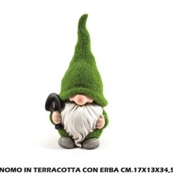 Gnomo In Terracotta Con Erba Cm.17X13X34,5H