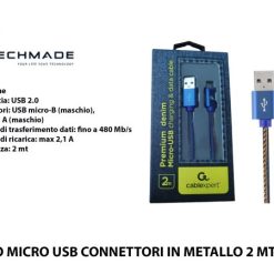 Cavo Micro Usb Connettori Metallo 2 Mt. Blue