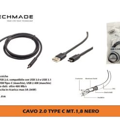 Cavo 2.0 Type C Mt.1,8 Nero
