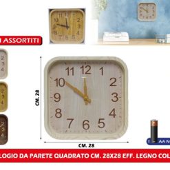 Orologio Da Parete Quadrato Cm.28X28 Eff. Legno Col. Ass.