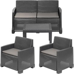 Salotto da Giardino Completo Iseo Set Divano + Tavolino + 2 Poltrone da Esterni con Finitura Effetto Rattan Antracite