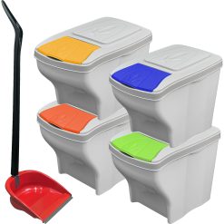 Sicignano | Set Pattumiera Raccolta Differenziata + Alzaimmondizia, 4 pezzi x 20 Lt, Plastica, Coperchio Colorato, Interni Esterni - Impilabile, Componibile, Modulare - Colori Assortiti
