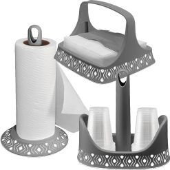 Sicignano | Set Portarotolo Portatovaglioli Portabicchieri, Linea Tosca, Plastica BPA Free - Facile da Spostare, Lavabile in Lavastoviglie, Elegante - 100% Made in Italy (Grigio/Bianco)