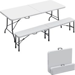 Sicignano | Tavolo Pieghevole Rettangolare Portatile, Richiudibile, Salvaspazio, da Campeggio - con Blocco di Sicurezza, in HDPE, 180x76x74h cm, Bianco (Bianco, 1 Tavolo + 1 Panca)