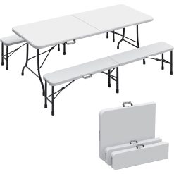 Sicignano | Tavolo Pieghevole Rettangolare Portatile, Richiudibile, Salvaspazio, da Campeggio - con Blocco di Sicurezza, in HDPE, 180x76x74h cm, Bianco (Bianco, 1 Tavolo + 2 Panche)