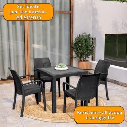Sicignano | Set 3 Pezzi, 2 Sedie con Braccioli + 1 Tavolo Quadrato Rattan - Impilabile, Resistente agli UV, Arredo Interno Esterno Bar Pub Giardino Terrazzo, Made in Italy (Antracite) - immagine 6