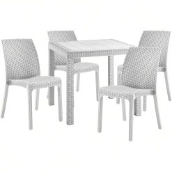 Sicignano | Set Tavolo Dallas 80x80 cm + Sedie Virginia Impilabili, Polipropilene Effetto Rattan, Uso Interno/Esterno - Arredo Giardino Bar Ristoranti Bistrot (Bianco, 4 Sedie 1 Tavolo)