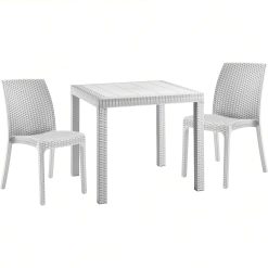 Sicignano | Set Tavolo Dallas 80x80 cm + Sedie Virginia Impilabili, Polipropilene Effetto Rattan, Uso Interno/Esterno - Arredo Giardino Bar Ristoranti Bistrot (Bianco, 2 Sedie 1 Tavolo)