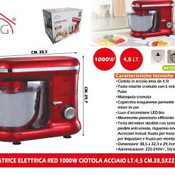 IMPASTATRICE ELETTRICA RED 1000W CIOTOLA ACCIAIO LT.4 CM.38,5X22,3X29,7h