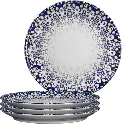 Sicignano | Set 4 Piatti Frutta Ø21 Siviglia Alchimia Blu, in Porcellana con Decoro a Rilievo, da Portata - Lavabile in Lavastoviglie, Adatto a Microonde, Resistente ai Tagli, Made in Italy