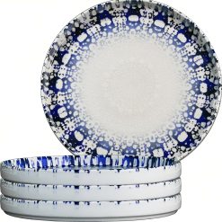 Sicignano | Set Piatto Portata Tondo con Bordo, in Porcellana, con Decoro a Rilievo - Lavabile in Lavastoviglie, Adatto a Microonde, Resistente ai Tagli, Made in Italy (Ø28 cm, 4 Pezzi)