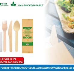 SET 4 PZ. FORCHETTA+CUCCHIAIO+COLTELLO LEGNO+TOVAGLIOLO BIO SET 500 PEZZI