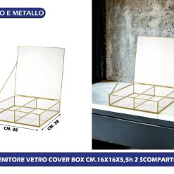 CONTENITORE VETRO COVER BOX CM.16X16X5,5h 2 SCOMPARTI GOLD