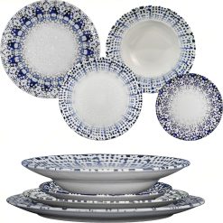 Sicignano | Set 4 Piatti Porcellana con Decoro a Rilievo Alchimia Blu Ø21/26/26.5/31 cm, Servizio per 1 Persona - Compatibile con Lavastoviglie Microonde, Resistente ai Tagli, Made in Italy