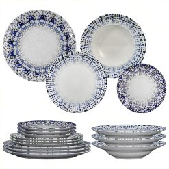 Sicignano | Set 16 Piatti Porcellana con Decoro a Rilievo Alchimia Blu Ø21/26/26.5/31 cm, Servizio per 4 Persone - Compatibile con Lavastoviglie Microonde, Resistente ai Tagli, Made in Italy
