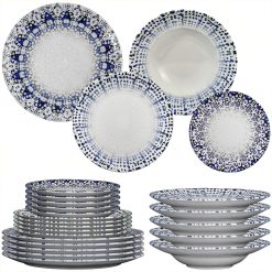 Sicignano | Set 18 Piatti Porcellana con Decoro a Rilievo Alchimia Blu Ø21/26/26.5/31 cm, Servizio per 6 Persone - Compatibile con Lavastoviglie Microonde, Resistente ai Tagli, Made in Italy