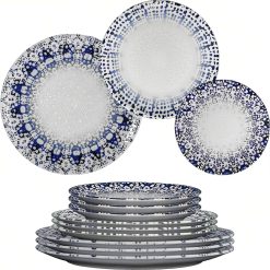 Sicignano | Set 12 Piatti Porcellana Siviglia con Decoro a Rilievo Alchimia Blu Ø21/26/31 cm, Servizio per 4 Persone - Compatibile con Lavastoviglie Microonde, Resistente ai Tagli, Made in Italy