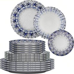 Sicignano | Set 18 Piatti Porcellana con Decoro a Rilievo Alchimia Blu Ø21/26/31 cm, Servizio per 6 Persone - Compatibile con Lavastoviglie Microonde, Resistente ai Tagli, Made in Italy