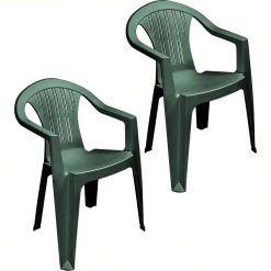 Sicignano | Set 2 Poltrone Ratak Schienale Basso Monoblocco Impilabile Verde Finitura Opaca, 56x54x79h cm - Sedia con Braccioli Plastica Arredo Interno Esterno Giardino Balcone Terrazzo Made in Italy