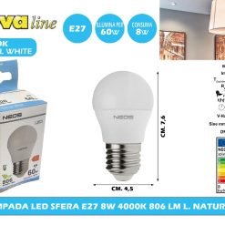 LAMPADA LED SFERA E27 8W 4000K 806 LM L. NATURALE