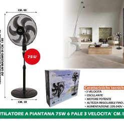 VENTILATORE A PIANTANA 75W 6 PALE 3 VELOCITA' CM.130h