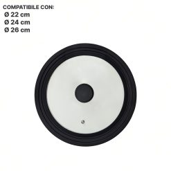 Coperchio Universale Adatto a 3 Misure Ø22/24/26 in Vetro Temperato con Bordo e Pomello in Silicone - immagine 2