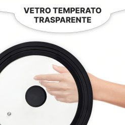 Coperchio Universale Adatto a 3 Misure Ø22/24/26 in Vetro Temperato con Bordo e Pomello in Silicone - immagine 3