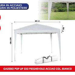 GAZEBO POP UP 3X3 PIEGHEVOLE ACCIAO COL. BIANCO