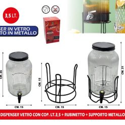 DISPENSER VETRO CON COP. LT.3,5 + RUBINETTO + SUPPORTO METALLO