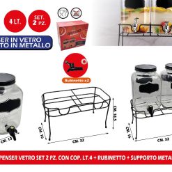 DISPENSER VETRO SET 2 PZ. CON COP. LT.4 + RUBINETTO + SUPPORTO METALLO