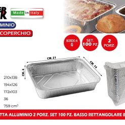 VASCHETTA ALLUMINIO 2 PORZ. SET 100 PZ. BASSO RETTANGOLARE BORDO G