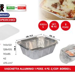 Sicignano | Set Vaschette Contenitori in Alluminio Rettangolari con Coperchio, Bordo a L, Adatte al Forno e Frigo - Adatte per Ristorazione Pizzerie Rosticcerie Bar (3, 1 Porzione (4pz))