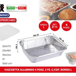 Sicignano | Set Vaschette Contenitori in Alluminio Rettangolari con Coperchio, Bordo a L, Adatte al Forno e Frigo - Adatte per Ristorazione Pizzerie Rosticcerie Bar (6, 4 Porzioni (2pz))